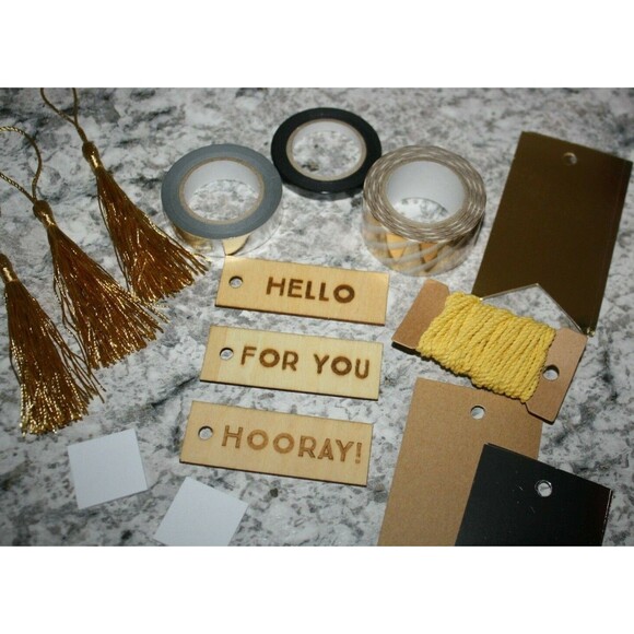 SPRITZ MINIATURE PAINT CAN TAG KIT TASSELS BURNED TAGS STRING TAPE GOLD SILVER - Picture 4 of 4